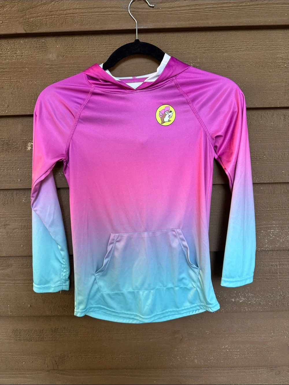 Bucees Hooded Gradient Pink-to-Aqua Rashguard Swim Top with hood size YM